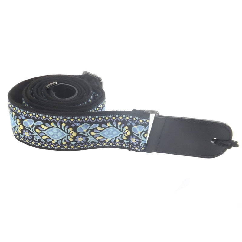 Classical/Acoustic/Bass/Electric Guitar Strap Patterned Design - Leather & Cotton (Blue Flower Pattern) Blue Flower Pattern