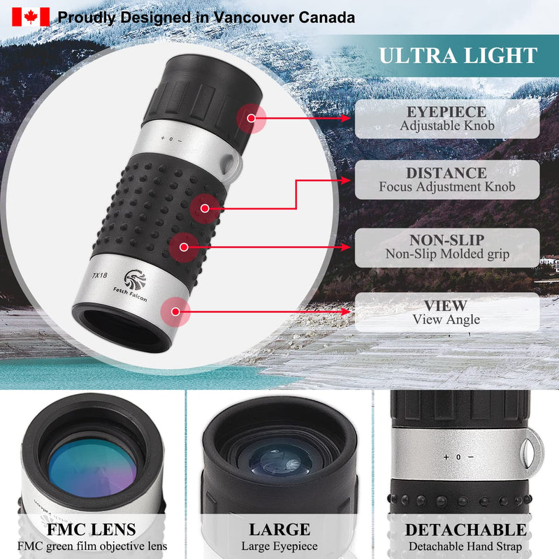 Fetch Falcon 7X18 HD FMC BAK4 Pocket Monocular (2023 Third Generation, High Powered Ultra Light Compact Monocular) Ideal Handheld Telescope for Adults and Kids (Silver) Silver