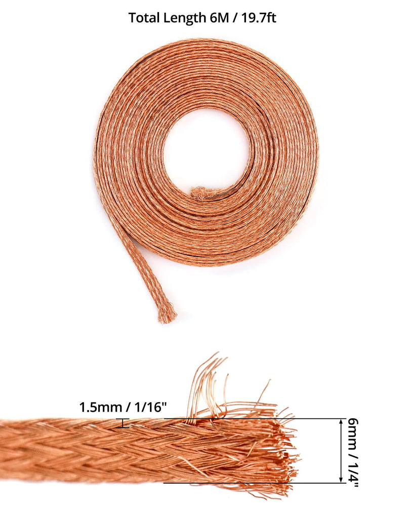 QWORK Flat Copper Braid Cable, 20ft 6mm Copper Braid Wire Ground Lead