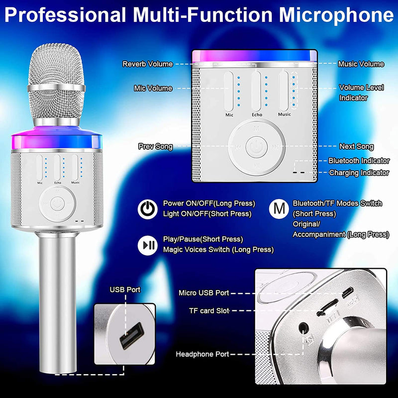 BONAOK Bluetooth Karaoke Wireless Microphone Q31 Silver