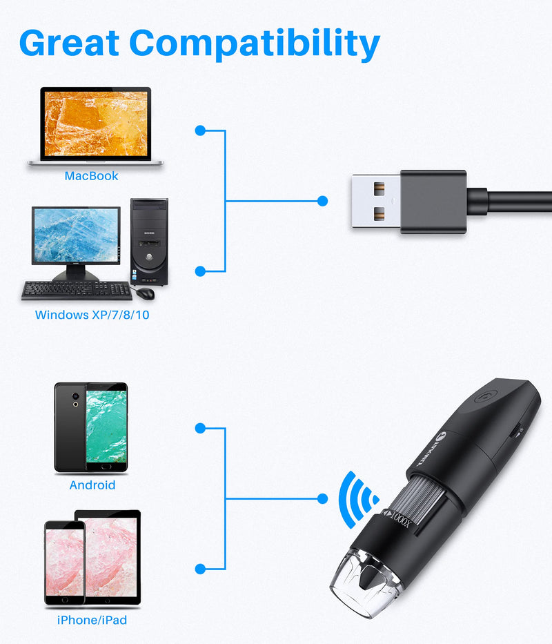 [AUSTRALIA] - Wireless Digital Microscope Handheld USB HD Inspection Camera 50x-1000x Magnification with Flexible Stand Compatible with iPhone, iPad, Samsung Galaxy, Android, Mac, Windows Computer (Black) 
