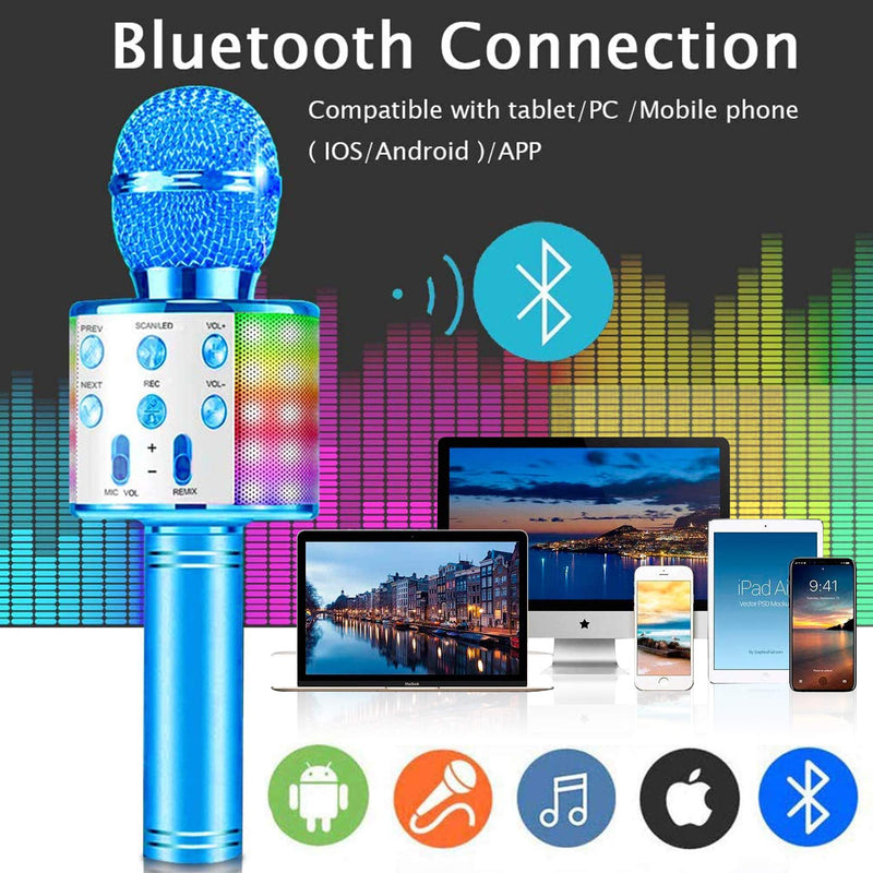 Wireless Bluetooth 32 LEDs Microphone for Children Vocal Portable Handheld Microphone Children's Microphone for Music Playing KTV Party for Android/iOS with Charging Cable and AUX Cable blue