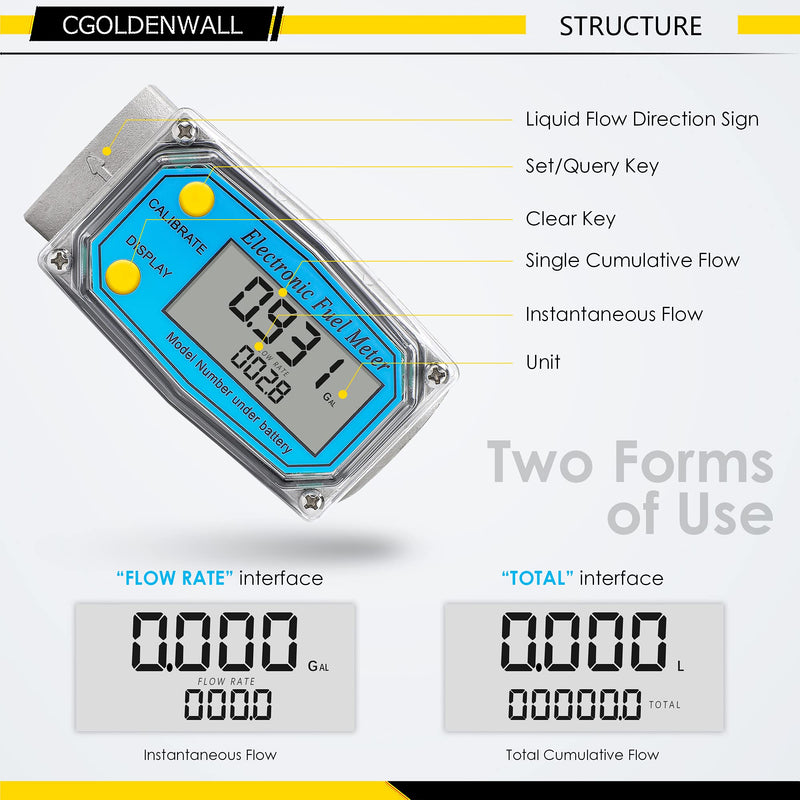 CGOLDENWALL Turbine Flow Meter Digital Fuel Flowmeter with FNPT Inlet/Outlet, 1inch Flow Meter for Water Diesel Kerosene Gasoline, 2.5-26GPM /9-100LPM (1 inch) 1 inch