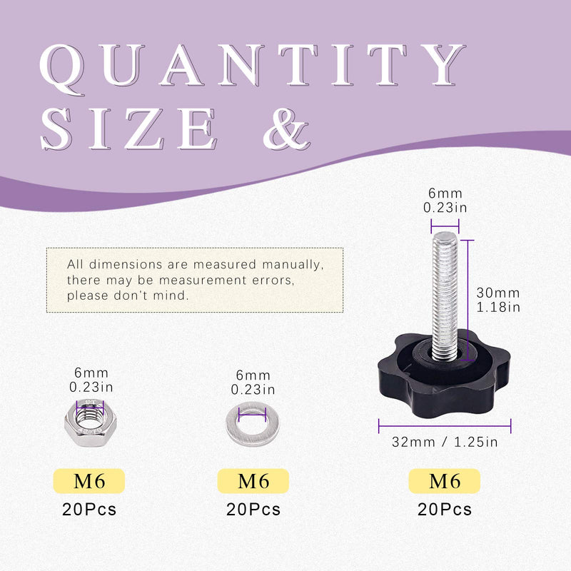 Swpeet 60Pcs M6 x 30 Hex Shaped Male Thread Metal Clamping Hand Star Knobs with 304 Stainless Steel Hex Nuts and Flat Washer Assortment Kit, Clamping Screw Plastic Clamping Knob (M630) M6*30