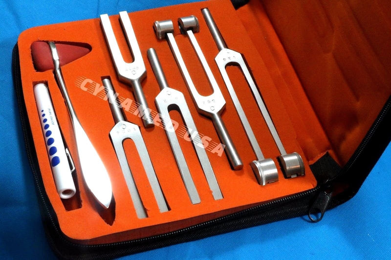 New Premium Grade Tuning Fork Set of 7 C128 C256 C512 C1024 and C2048 Plus Taylor Hammer and Pen Light Complete Diagnostic Set All in One