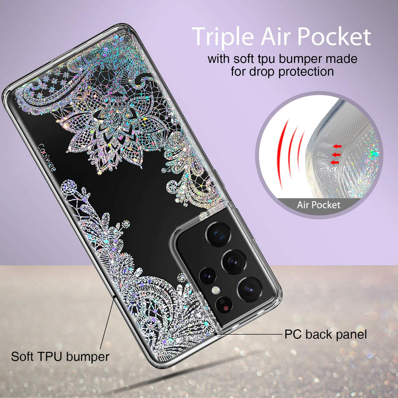 Coolwee Clear Glitter for Galaxy S21 Ultra Case Thin Flower Slim Cute Crystal Lace Bling Women Girl Floral Plastic Hard Back Soft TPU Bumper Protective Cover for Samsung Galaxy S21 Ultra Mandala Henna