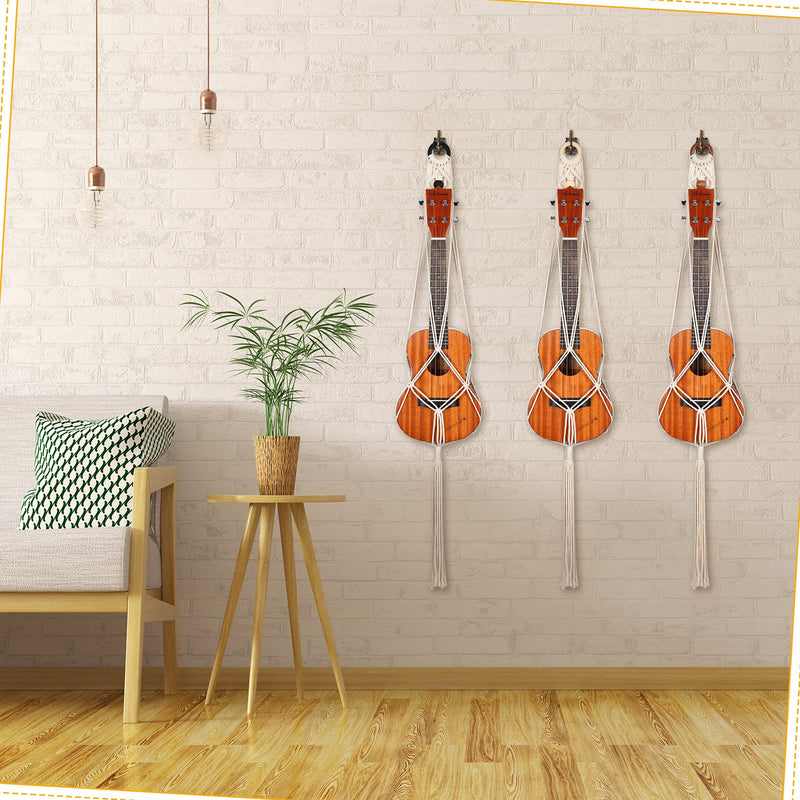 3 Pieces 21 to 24 Inches, Macrame Ukulele Hanger Macrame Wall Mount Hanger Boho Ukulele Wall Mount Hanging Stand Holder for Soprano Ukulele Case Wall Decor Alternative Kit, Black Ring and Wooden Bead