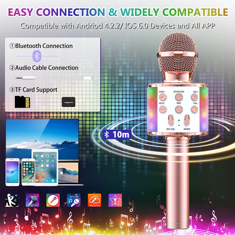 Wowstar Karaoke Bluetooth Microphone, 5 in 1 Wireless Microphone for Kids Adults, Dancing LED Lights Portable Speaker Karaoke Machine for Home KTV Party Singing (Rose Gold) Rose Gold-01