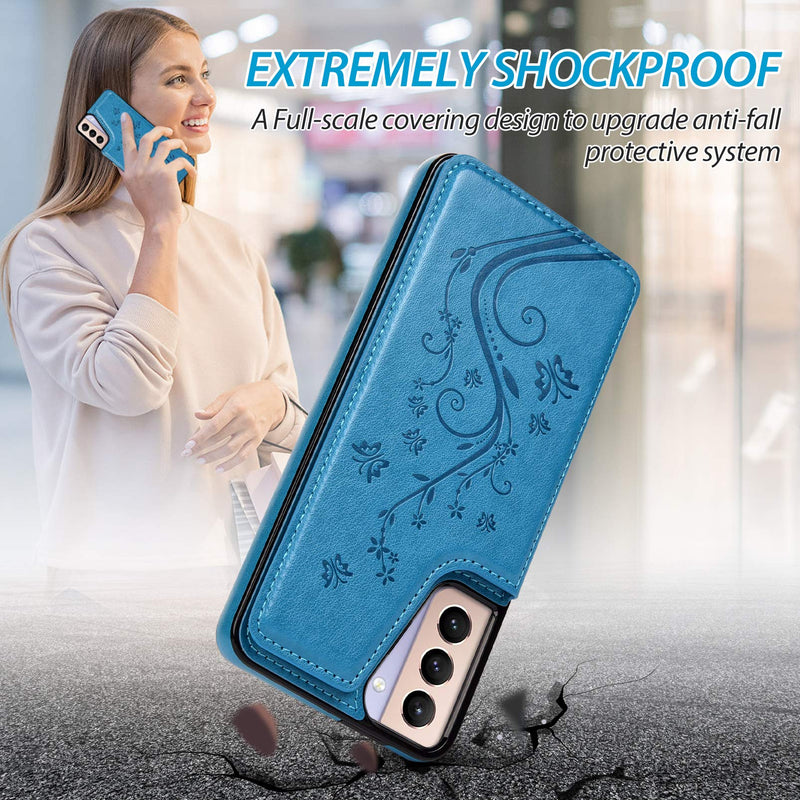 Wallet Case Compatible with Samsung Galaxy S21 5G, Case with Card Holder Embossed Butterfly Premium PU Leather Double Magnetic Buttons Flip Shockproof Kickstand Protective Cover 6.2 inch, Blue