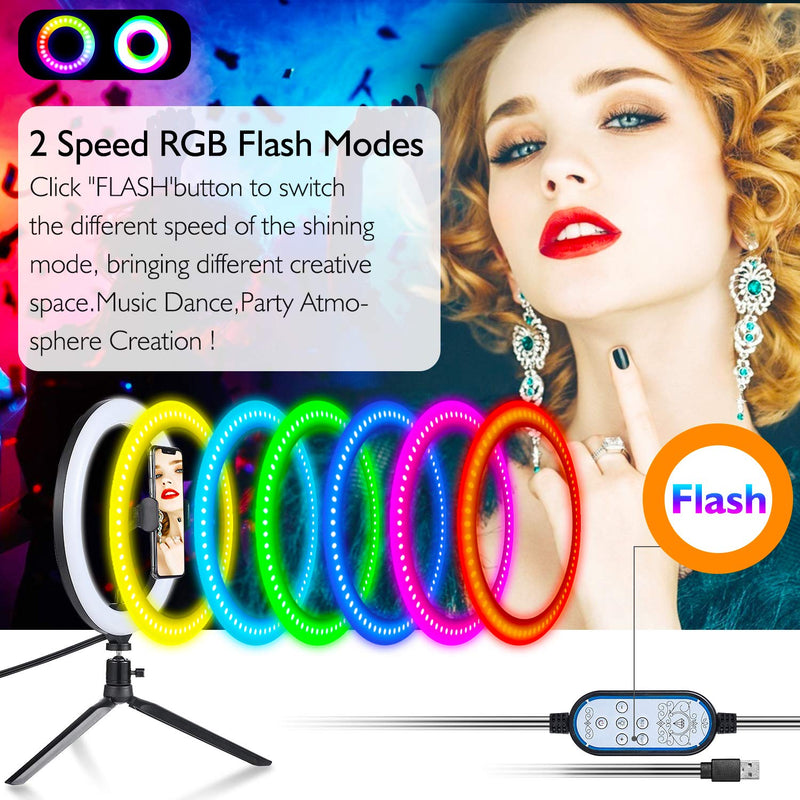 10.2" Eye Protection Desktop Ring Light/9 Color Select/RGB Dimmable Colorful Discoloration/Dancing Flash & Live Stream Party Selfie Ring Light