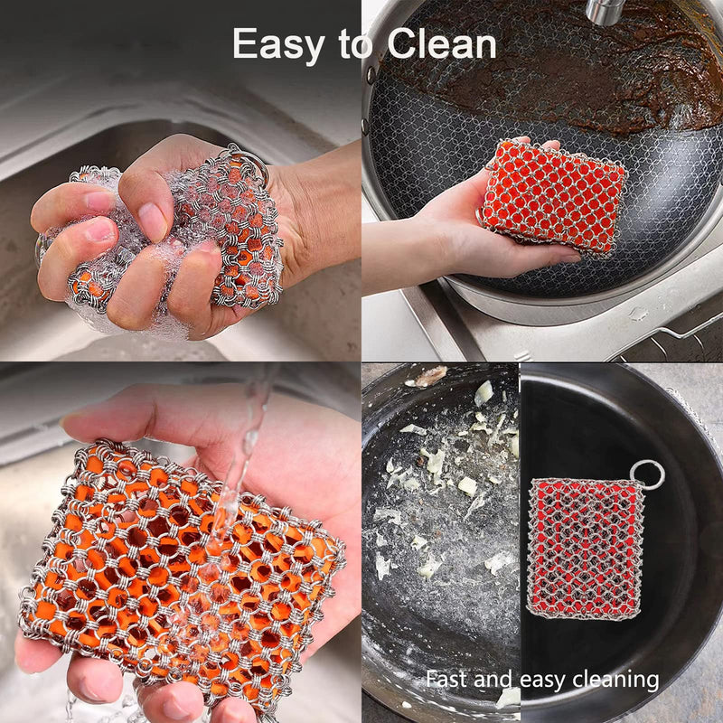Cast Iron Cleaner,Stainless Steel Cleaner Chain Iron Scrubber with Silicone Insert,Chainmail Scrubber for Cast Iron Pans Cookware Skillet Dishwasher,Kitchen Tools Gadught (Cleaner Red)
