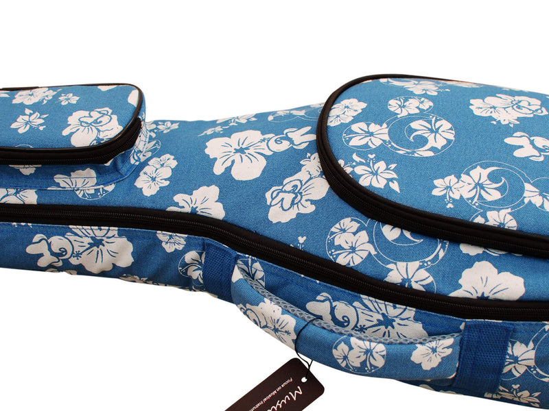 MUSIC FIRST Original Design 15mm Thick Padded Hawaii Style “Blue and White Plumeria” Cotton Canvas A & F Style (Standard) Mandolin Gig Bag Soft Mandolin Case Fits for Most of A Mandolin, Salute ELVIS