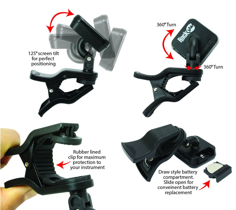 RockJam WeTune - A Clip-On Tuner for all instruments - Guitar, Bass, Ukulele, Violin & Chromatic Tuning Modes Black