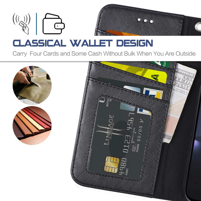 Arae Wallet Case Designed for iPhone XR PU Leather flip case Cover [Stand Feature] with Wrist Strap and [4-Slots] ID&Credit Cards Pocket for iPhone XR 6.1 inch -Black Black