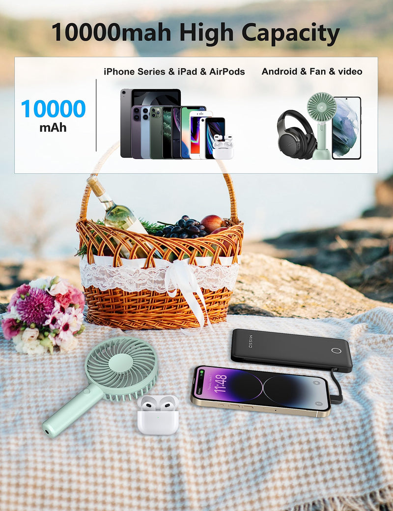 miisso 10000mah Slim Portable Charger with Built in Cable, Power Bank Travel Phone Charger External Battery Pack for Phones, 4 Output USB C Cords Clutch Charger Compatible with iPhone, Samsung, Black