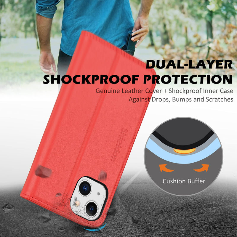[AUSTRALIA] - SHIELDON Case for iPhone 13, Genuine Leather iPhone 13 Folio Wallet Magnetic Shock Absorbing Case RFID Blocking Credit Card Holder Kickstand Compatible with iPhone 13 5G (6.1-inch) - Red 