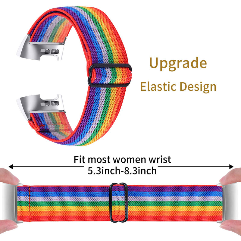 Hopply Adjustable Elastic Nylon Bands Compatible with Fitbit Charge 4 / Charge 3 / 3SE Bands,Breathable Stretchy Soft Fabric Pattern Replacement Loop Strap for Women Men (Rainbow) Rainbow