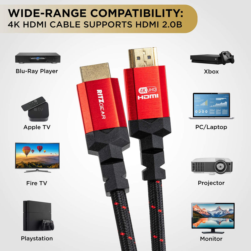 RitzGear 4K HDMI Cables | 3-Pack of 8 Ft. High-Speed 18Gbps HDMI 2.0, Durable Black/Red Braided Nylon, Gold Plating, 4K @ 60Hz Ultra HD, 3D, 2160p, 1080p & Ethernet Support for TV, Laptop & Gaming 8 Feet