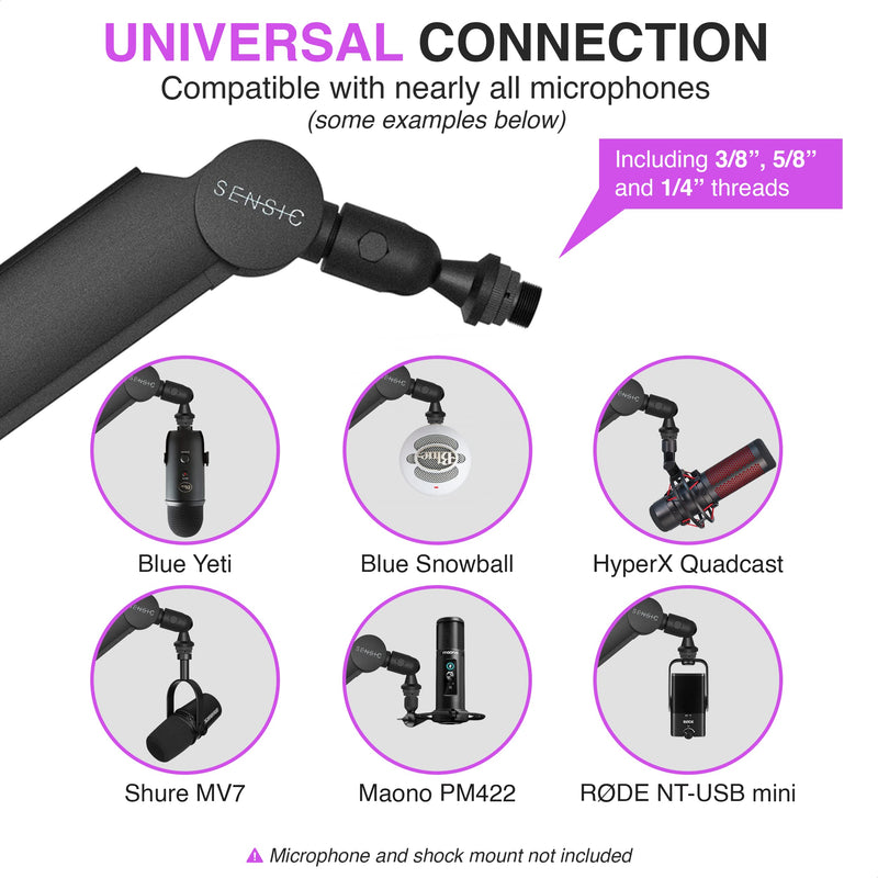Sensic SA-30 Microphone Boom Arm, 360° Rotatable Mic Stand with 6 inch riser, Microphone Holder with 1/4", 3/8" and 5/8" Adapters, Professional Microphone Arm with Accessories, Mic Boom Arm Black