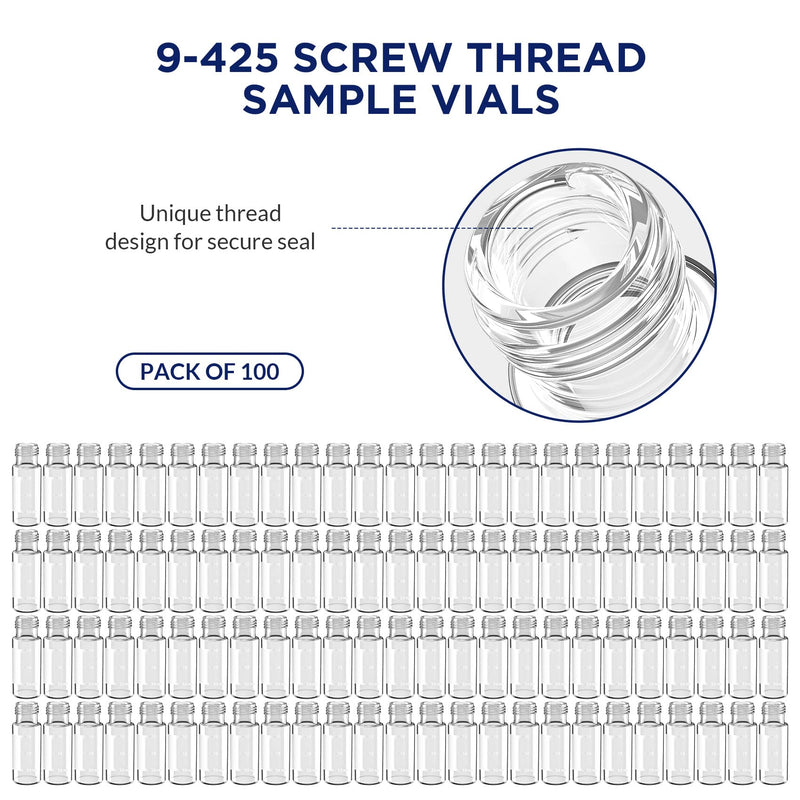 2mL Autosampler Vials, 9-425 HPLC Vials with Writing Area and Graduations, Screw Cap, Red PTFE & White Silicone Septa, 100 Pcs Clear Red White Septa