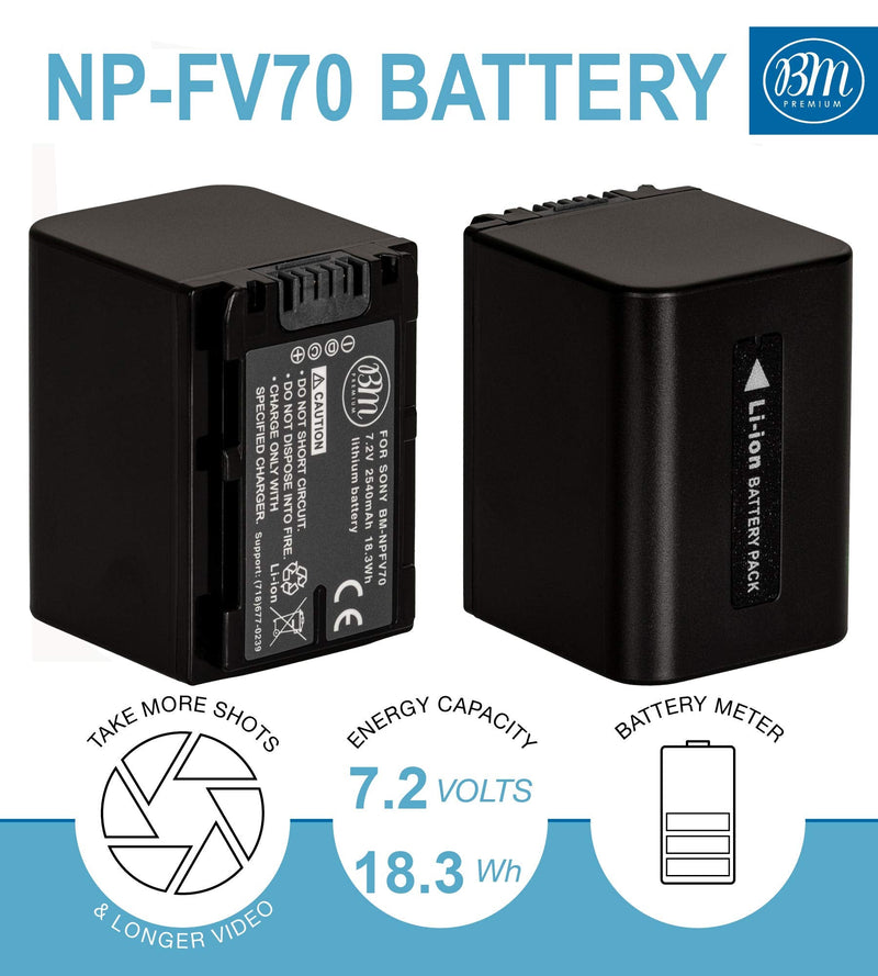 BM 2 NP-FV70 Batteries and Charger Kit for Sony FDR-AX53 FDR-AX700 HDR-CX455/B HDR-CX675/B HDR-CX900 HDR-PJ340 HDR-PJ540 HDR-PJ670/B HDR-PJ810 FDR-AX33/B FDR-AX100 Handycam Camcorder