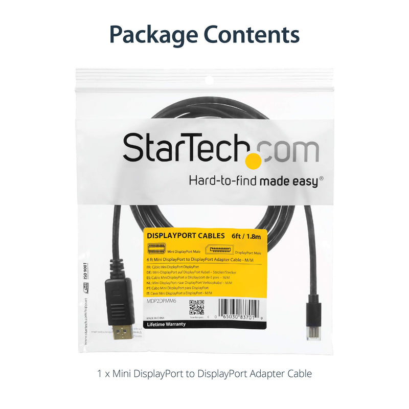 StarTech.com 6ft (2m) Mini DisplayPort to DisplayPort 1.2 Cable - 4K x 2K UHD Mini DisplayPort to DisplayPort Adapter Cable - Mini DP to DP Cable for Monitor - mDP to DP Converter Cord (MDP2DPMM6)
