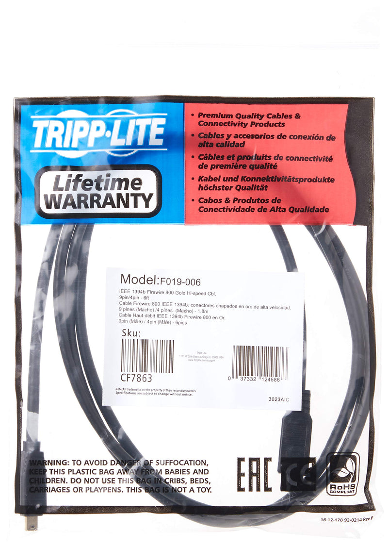 Tripp Lite FireWire 800 IEEE 1394b Hi-speed Cable (9pin/4pin) 6-ft.(F019-006) black 6ft