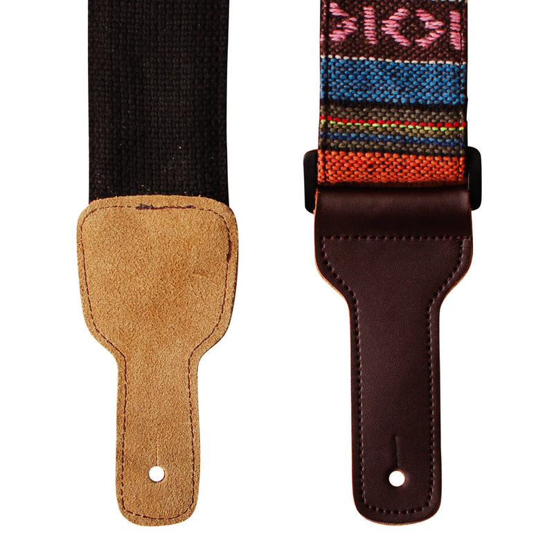 MUSIC FIRST Original Design, 2 inch width (5cm), Classic Country Style Soft Cotton & Genuine Leather Guitar Strap, Ukulele Strap, Mandolin Strap