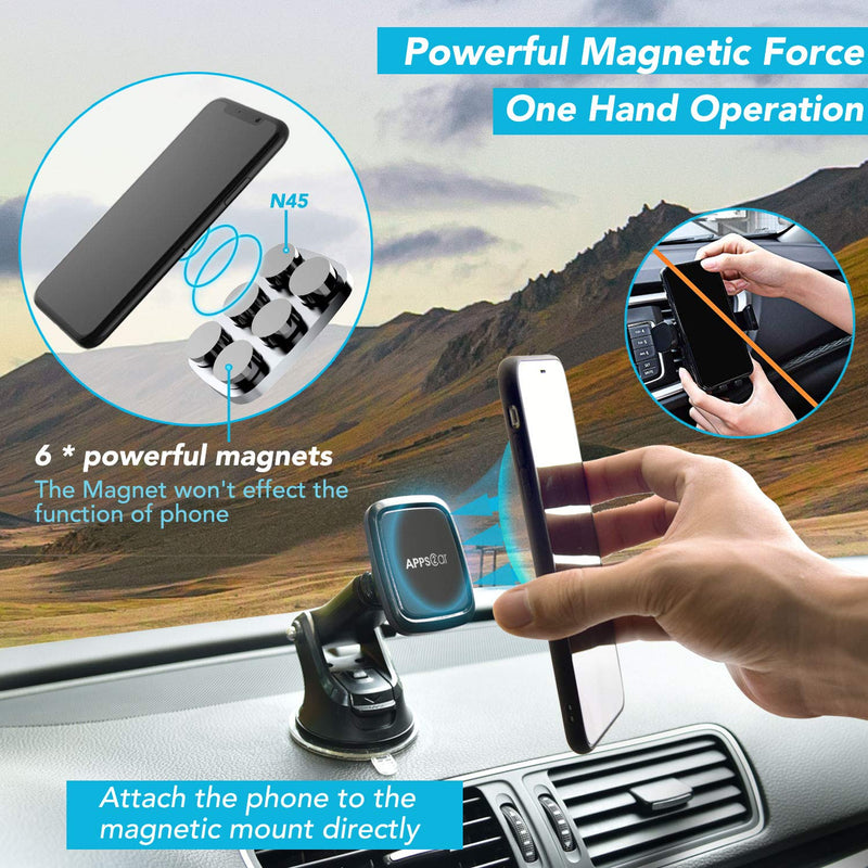 Car Phone Mount Magnetic,APPS2Car Dashboard,Windshield and Air Vent Mount,Phone Holder for Car,Universal Magnetic Phone Car Mount with Powerful Suction Cup,Built-in Strong 6 Magnets for all CellPhones Grey