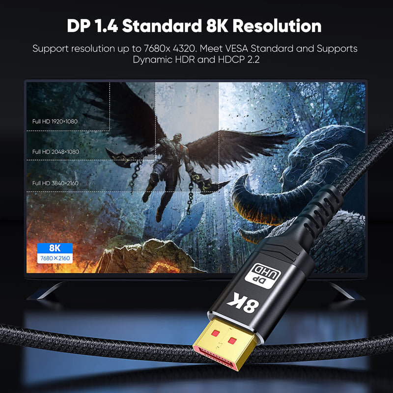 2 Pack VESA Certified 1.4 8K DisplayPort Cable 10FT, Capshi DP Cable (8K@60Hz, 4K@144Hz, 1080P@240Hz) HBR3 Support 32.4Gbps, HDCP 2.2, HDR10 FreeSync G-Sync for Gaming Monitor 3090 Graphics PC 10 feet