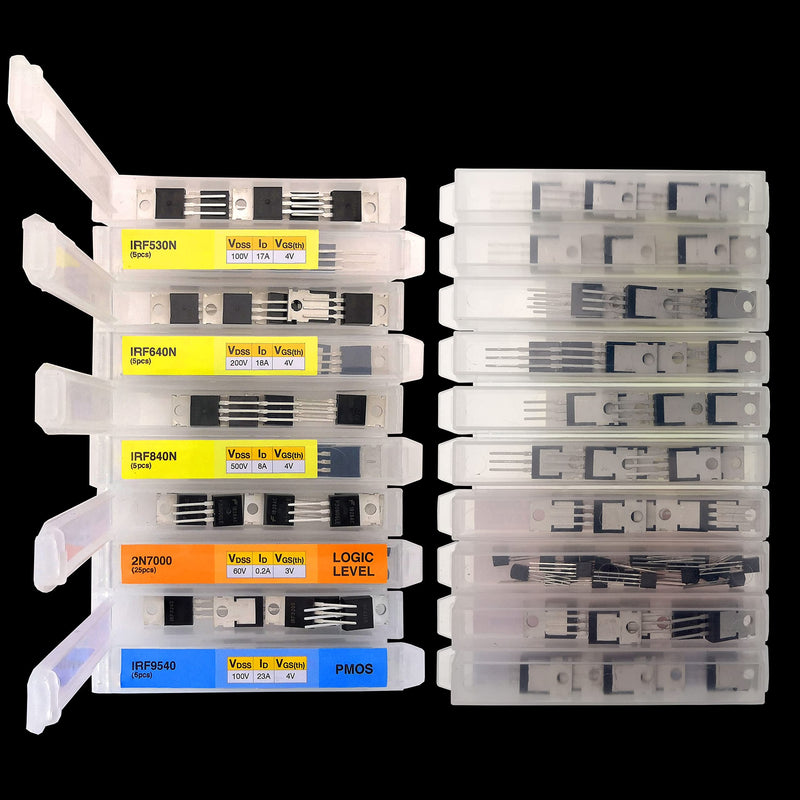 EEEEE 10 Values 70 Pcs Logic Level PMOS NMOS Kit MOSFET Transistor Assortment Kit N Channel P Channel MOSFET Driver IRFZ44N IRF530N IRF540N IRF640N IRF740 IRF840 RFP30N06LE 2N7000 IRF3205 IRF9540