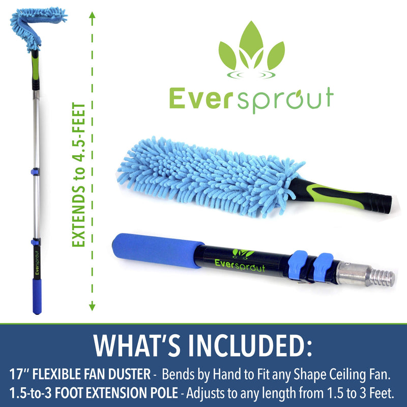 EVERSPROUT 1.5-to-4.5 Foot Flexible Microfiber Ceiling Fan Duster with Extension Pole | 8-10 Ft Standing Reach | Bendable to Clean Any Fan Blade | Dusters for Cleaning | Long Duster for High Ceilings