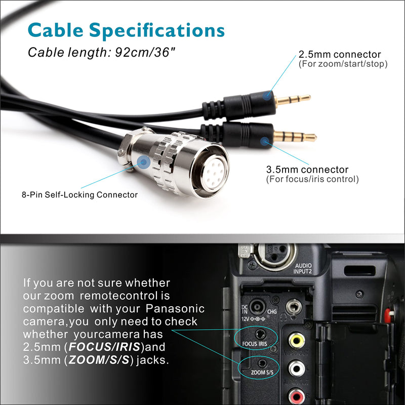 KOERTACOO Camcorder Zoom Controller, Remote Control Zoom, Iris, and Focus Control + 2.5mm and 3.5mm Jack Cable for Panasonic HC-X1 HC-PV100 AG-UX90 AG-UX180 HC-X1000 AG-AC30 AG-AC90 AU-EVA1 Camera.