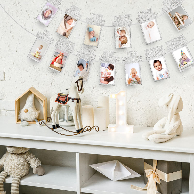 Whaline 1st Birthday Baby Photo Banner for Newborn to 12 Months, Monthly Milestone Photograph Bunting Garland, First Birthday Celebration Decoration (Silver) Silver
