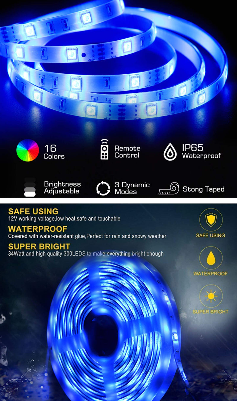 [AUSTRALIA] - LED Light Strip 32.8ft 10M 5050 RGB LED Strips Tape Light 300 LEDs Waterproof Music Sync Color Changing 40Key Remote Control Flexible Strip Lights for Bar Kitchen Bed TV Party Decoration 