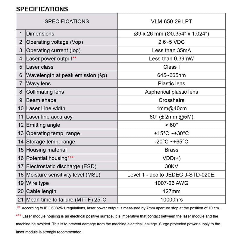 Quarton Laser Module VLM-650-29 LPT Red Cross Line Laser Module (Line-width optimize at short distance)