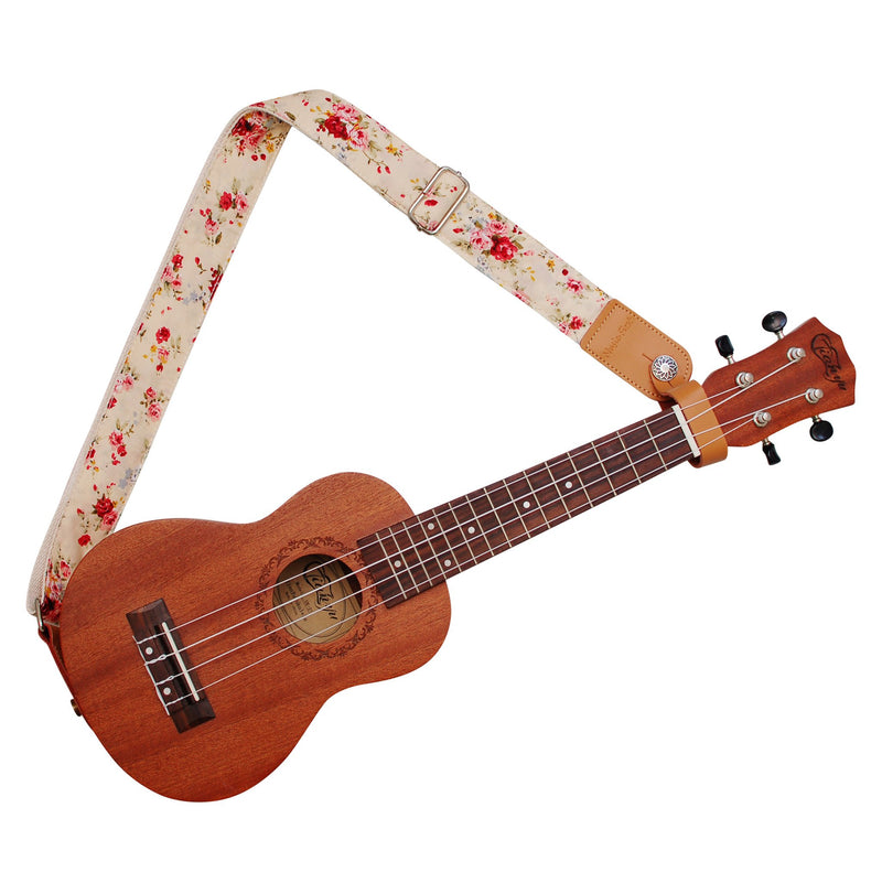 MUSIC FIRST Original Design “Rosa Multiflora in Cream” Soft Cotton & Genuine Leather Ukulele Strap Ukulele Shoulder Strap With a MUSIC FIRST Genuine Leather Strap Locker With A Leather Strap Locker