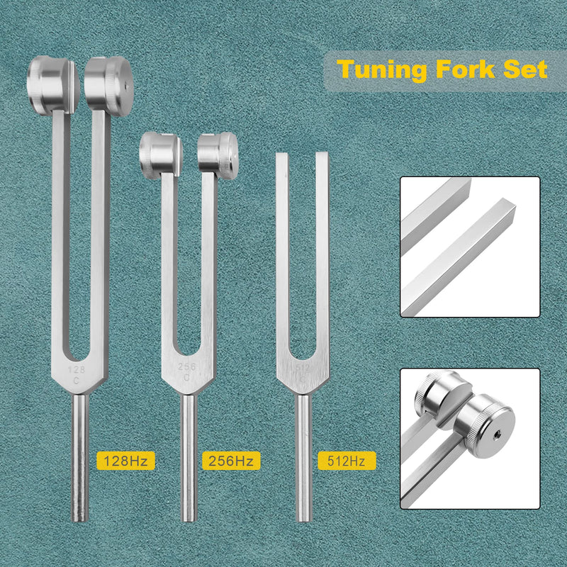Tuning Fork Set 3 Pcs 128Hz 256Hz 512Hz Tuning Forks for Healing Chakra Set with Reflex Hammer Gift for Buddhists Yoga Teacher Sound Healer