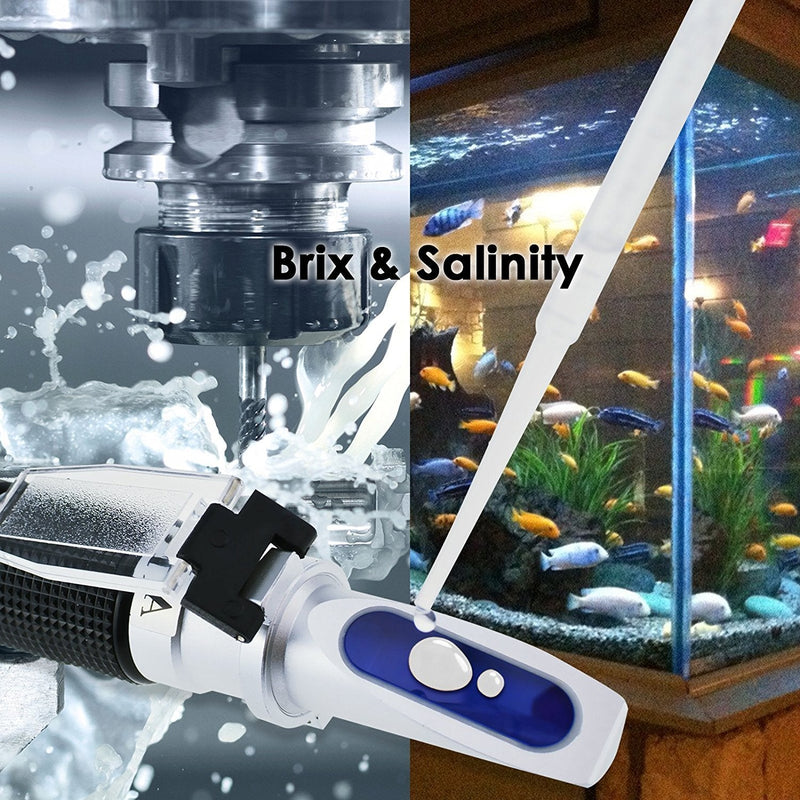 Brix Refractometer with ATC, range 0-32% Brix with 0.2% division, for brandy, beer, fruits, Cutting Liquid, with EXTRA LED light and pipettes (0-10% Brix, 0-100ppt, 1.000-1.070g/cm3 Density) 0~100% Salinity Refractometer