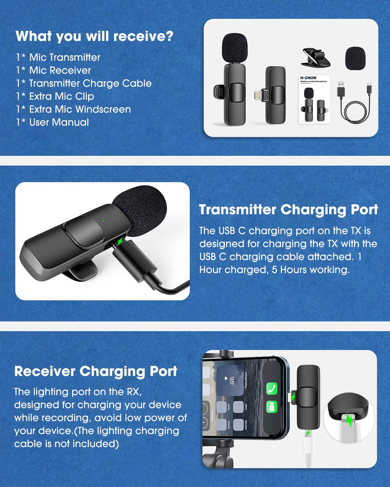 [AUSTRALIA] - Wireless Lavalier Microphone for iPad Mini Clip-on Microphone for iPhone Video Recording Denoise Omni Lav Lapel Mic for Interview/Youtube/Vlog/Live Streaming/Tiktok/Content Creator 