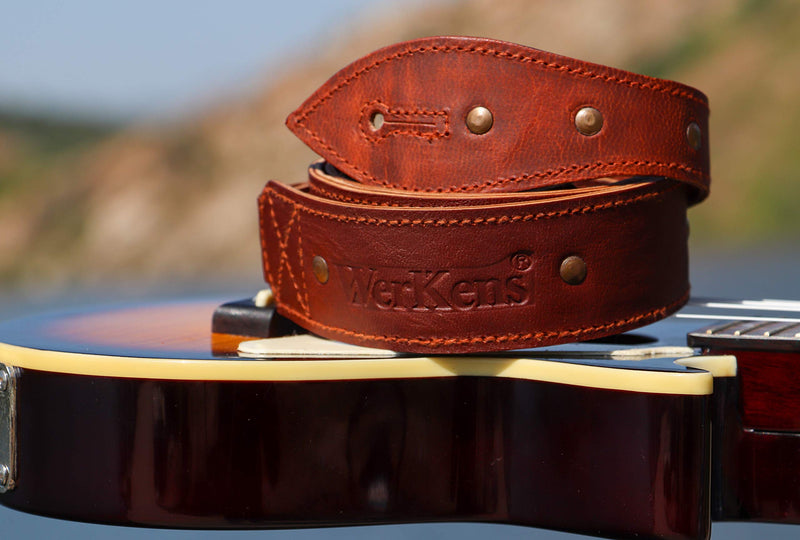 WerKens Genuine Leather Ukulele Strap Adjustable Mandolin Straps Belt, Soft Feel with Brass Studs Comfortable Grip Slim Design - Brown - 1.40" inch Wide