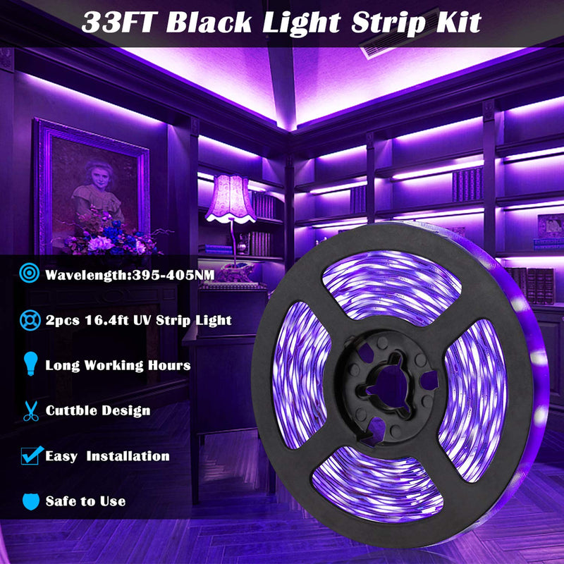 LEDVIE 33ft UV LED Black Light Strip Kit, 10m Flexible UV LED Strip Lights, 12V Blacklight Ribbon, Rope Black Light for Glow Party, Room Decor, Fluorescent Dance Party, Body Paint, Aquarium