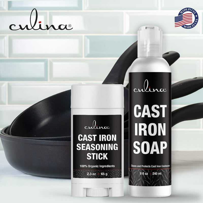 Culina Cast Iron Seasoning Stick & Soap Set &stainless Scrubber | All Natural Ingredients | Best for Cleaning, Non-stick Cooking & Restoring | for Cast Iron Cookware, Skillets, Pans & Grills!…