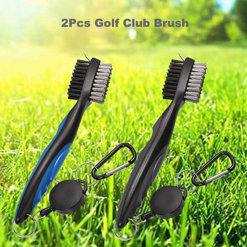 Borogo Pack of 2 Golf Club Brush Groove Cleaner with 2 Ft Retractable Zip-line and Aluminum Carabiner Cleaning Tools Black + Blue