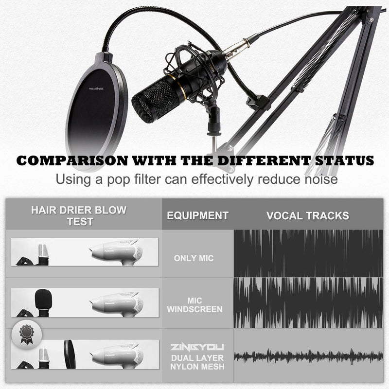 ZINGYOU PF-102 Microphone Pop Filter, Studio Recording Pop Shield, Mic Windscreen with Dual Screen, Metal and Nylon Mesh (R-Shape) R-Shape