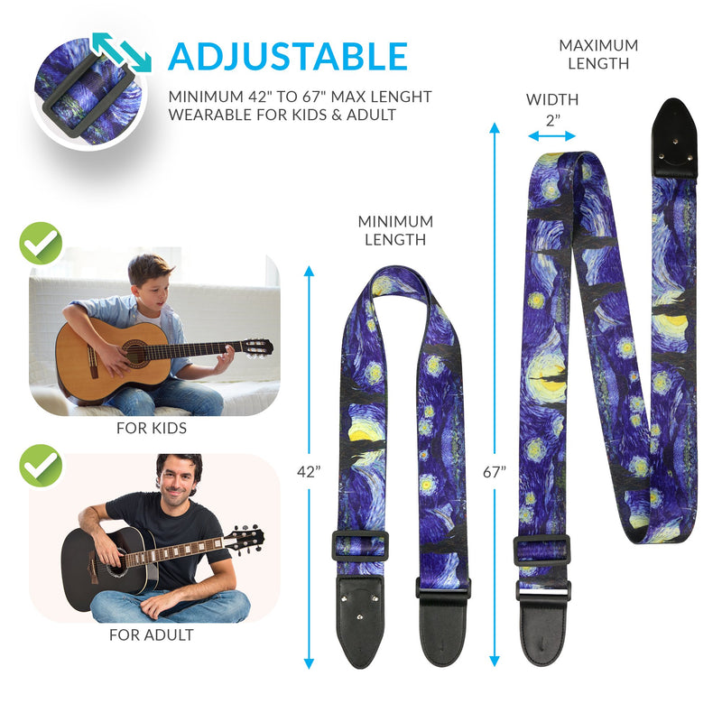 Van Gogh"Starry Night" Guitar Strap Includes 2 Strap Locks & 2 Matching Picks. Adjustable Guitar Strap - Christmas Gift for Men Women Guitarist for Bass, Electric & Acoustic Guitars stocking stuffer Van Gogh Starry Night