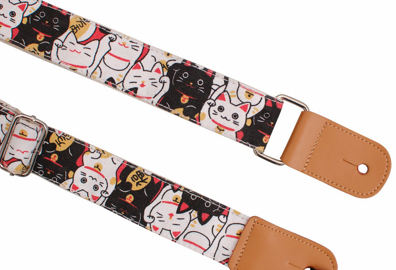 MUSIC FIRST Original Design “Fortune Cats (Maneki Neko)” Soft Cotton & Genuine Leather Ukulele Strap Ukulele Shoulder Strap