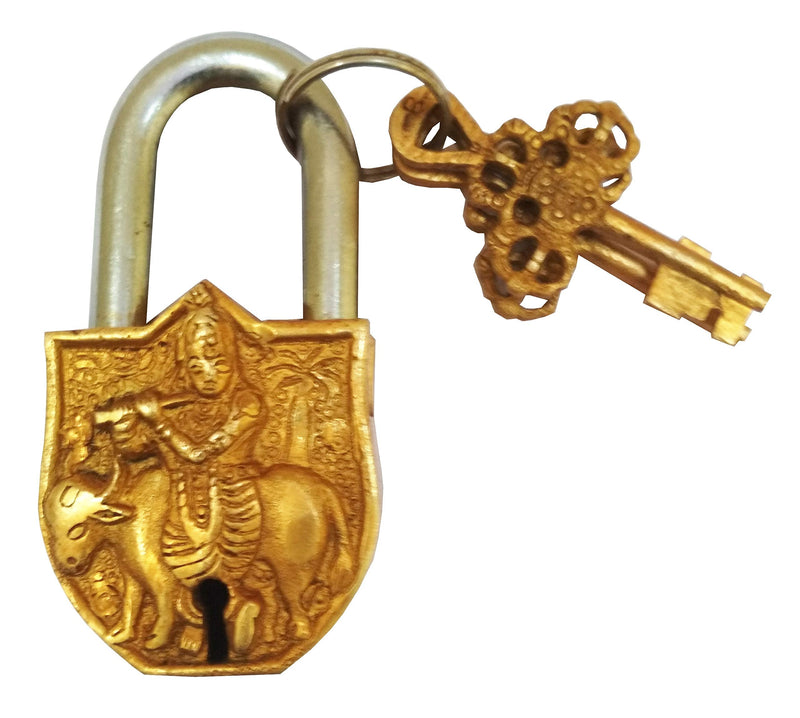 Purpledip Handmade Brass Antique Padlock with Srikrishna (10013)