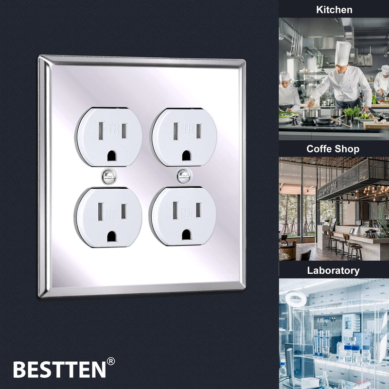 [2 Pack] BESTTEN 2 Gang Mirror Polished Stainless Steel Duplex Wall Plate, Solid Metal Receptacle Outlet Cover, Chrome Appearance