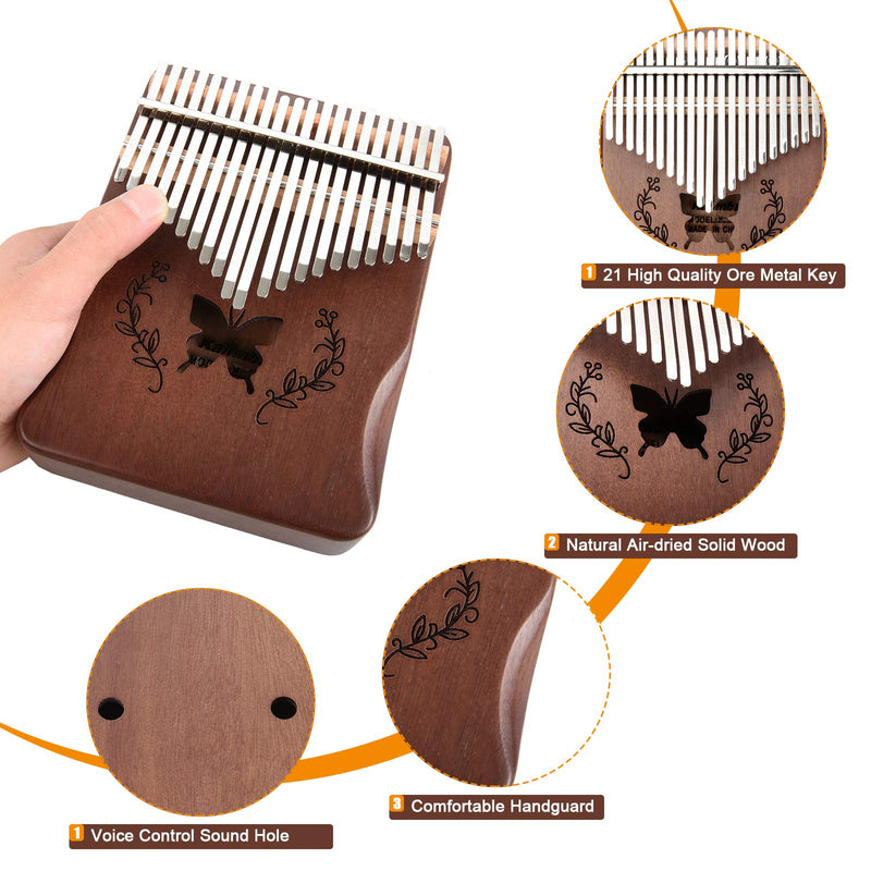 Kalimba Thumb Piano 21 Keys, Solid Wood Thumb Piano Mahogany Portable Finger Piano with Learning Instruction and Tune Hammer, Musical Instrument for Kids Adult Beginners